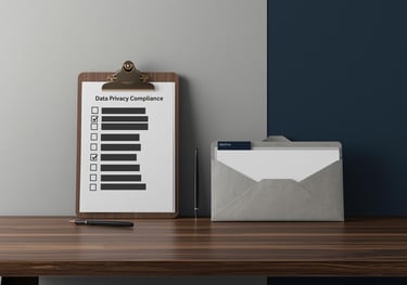 Checklist de privacidad de datos en portapapeles, con sobre gris y pluma.