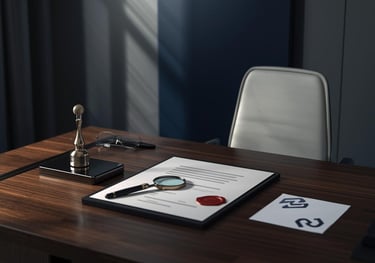 Documento legal con sello de cera roja y lupa sobre escritorio de madera en oficina.