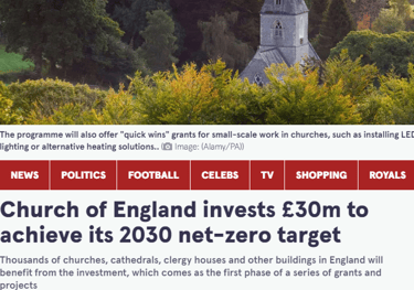 Newspaper headline Church of England invests £30million to achieve its 2030 net-zero target.