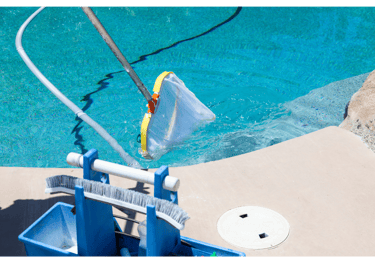 Image of a pool being skimmed and cleaned free of leaves and debris and vaccuumed.