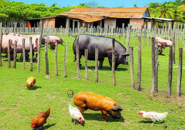 a herd of pigs and chickens in a fenced in area