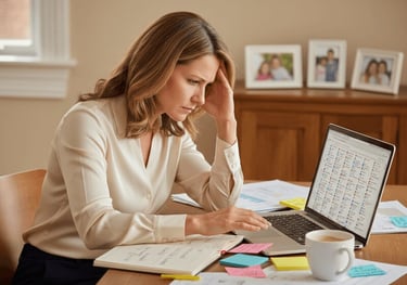 Woman drowning in tasks, unable to think clearly or make decisions