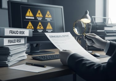 man holding a report and some books are there and FRAUD RISK IS WRITTEN ON IT