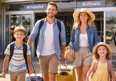 A happy family with luggage arrives at Carcassonne Airport for a summer vacation in France.