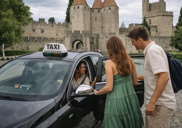A couple taking a black taxi in front of the medieval Cité de Carcassonne castle in France.