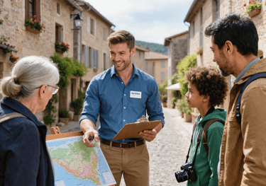 A smiling local tour guide with a map showing a family the historic streets of a European village.