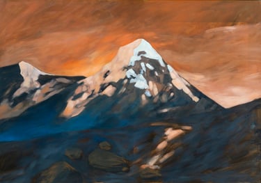peinture d'un sommet enneigé sur un ciel orangé du couchant