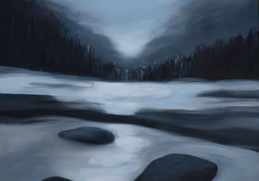 Vincent Ganaye - a painting of a river with rocks and trees