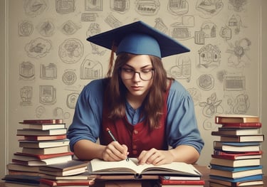 a woman in a graduation cap and gown sitting at a table with books and a