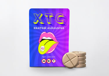 XTC Kratom Alkaloids 5-count tablet pack with tan kratom extract pellets on a white background.