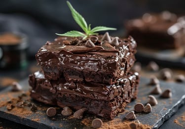 Stacked dark chocolate cannabis brownies with fudge frosting and a marijuana leaf garnish.