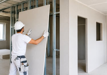 Installation de plaques de plâtre (placo) par un professionnel pour la création de cloisons et plafo