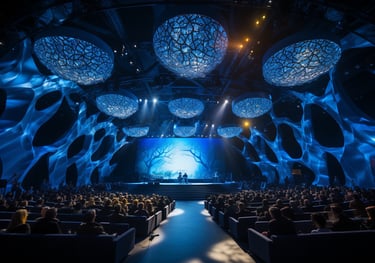 a large-scale event with vibrant 3D projection mapping on the walls, an engaged audience