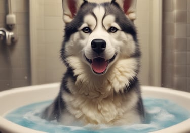 a dog sitting in a bathtub with a shower