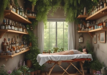 A holistic spa treatment room with an apothecary shelf, lush hanging plants, and a person on a massage table.