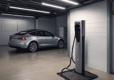 a white car is parked in a garage