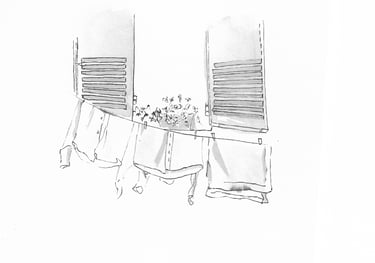 Dessin à l'encre fenêtre chat Sète