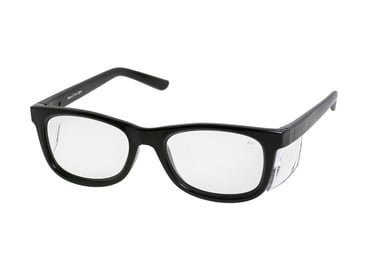 a pair of glasses with a clear lens on a white background