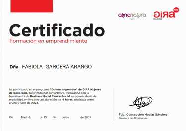 CERTIFICADO DE GIRA COCACOLA, OTORGADOS A FABIOLA GARCERA