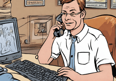 a cartoon man sitting at a desk with a computer