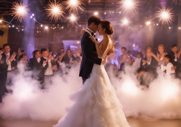 DJ ps at the wedding and a bride and groom are dancing in a cloud filled with sparkles