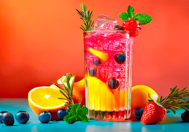"Un vaso de jugo de frutas con frutas frescas y una ramita de romero."