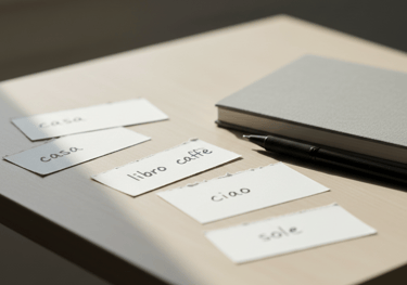Cartes de vocabulaire italien posées sur un bureau, représentant un guide gratuit pour apprendre 30 