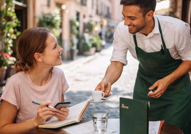 Une personne apprend l’italien dans un café en Italie en utilisant des phrases simples du quotidien