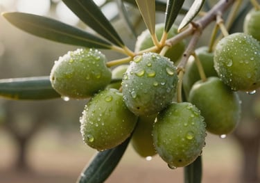 Close-up of plump green Hojiblanca olives on a branch, morning dew visible, sun flare, Mediterranean / Spanish / Andalusian grove.