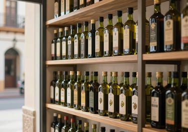 Interior of a high-end gourmet boutique with shelves of premium glass olive oil bottles, soft natural light, Mediterranean / Spanish / Andalusian city architecture.