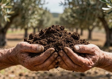 A pair of weathered hands holding a pile of rich, dark fertile earth, sun-drenched olive trees in the background, Mediterranean / Spanish / Andalusian setting.