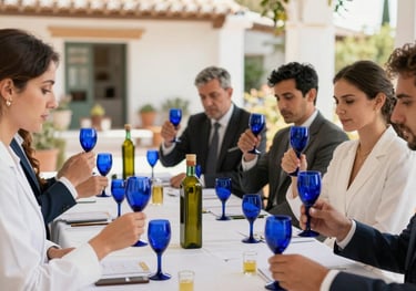 A group of elegant professionals engaged in a formal olive oil tasting session, holding blue tasting glasses, bright Mediterranean / Spanish / Andalusian farmhouse patio.
