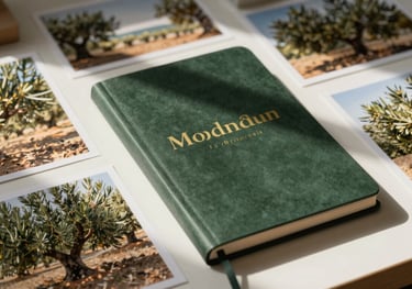 A designer's workspace with a mood board featuring photos of olive groves and elegant typography, a dark green notebook, Mediterranean / Spanish / Andalusian morning light.