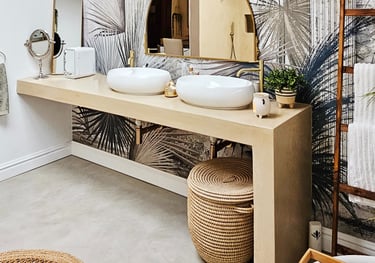 CreteCote Dusk vanity and Dew floor — seamless, durable cement finishes for modern bathrooms and interiors by Tswanacrete