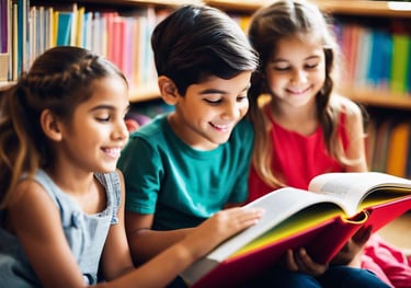 crianças lendo um livro de estudo