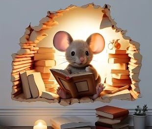 Dekoratives Wandbild 'Lesende Maus', Dieses bezaubernde Wandbild zeigt liebevoll gestaltete Maus