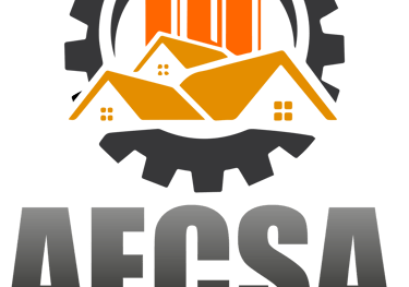 a construction company logo with a building in the background