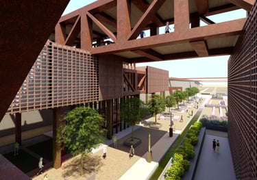 a view of a building with a bridge over it. Urban design in south Chicago. 