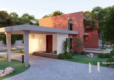 Photograph of a farmhouse under construction, designed by NexArch Studio. View of the main entrance..