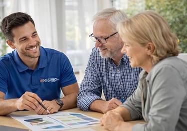 A friendly consultant in a blue shirt discusses retirement planning documents with a senior couple.