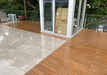 Rooftop floating decks of timber and tile.