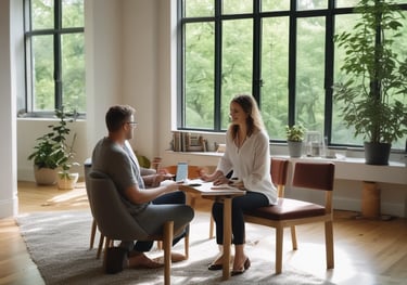 a man and woman sitting at a table with a laptop