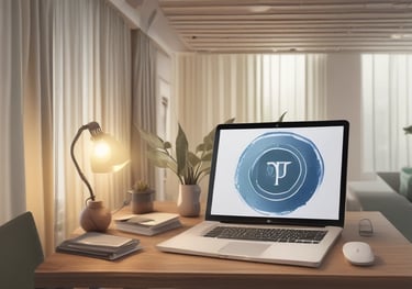 a laptop computer sitting on a table with a lamp