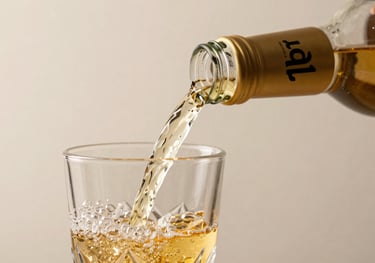 A close-up shot of an Alpflow bottle being poured into a crystal glass, capturing the golden liquid and air bubbles. Soft, airy light.