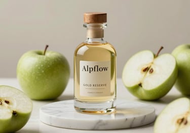 A sleek, premium glass bottle of Alpflow Gold Reserve on a white marble plinth, surrounded by fresh sliced green apples. Studio lighting, clean and modern aesthetic.