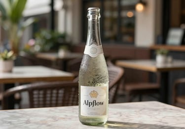 A bottle of Sparkling Alpflow with condensation, sitting on a table at an upscale Southeast Asian / Thai outdoor cafe. Bright, daylight photography.