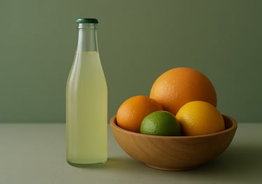 A bottle of Lemongrass Twist Alpflow next to a bamboo bowl of citrus fruits. Minimalist, premium lifestyle photography with Sage Green accents.