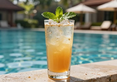 A chilled glass of Honey Ginger Alpflow with a sprig of mint, set against a background of a luxury Southeast Asian / Thai resort pool. Sunlight and clear water.