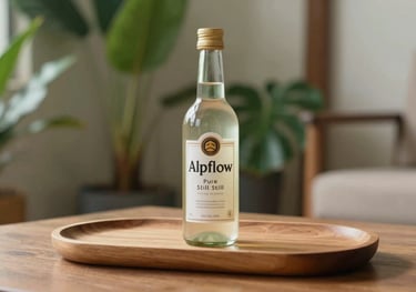 A bottle of Pure Still Alpflow on a minimalist wooden tray, set in a bright Southeast Asian / Thai living room with tropical plants in the background.