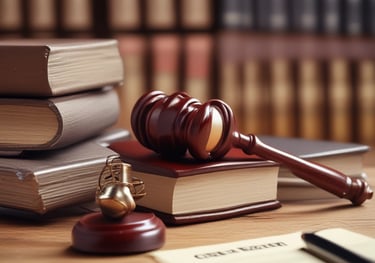 A courtroom with rich wooden paneling and a red curtain behind the judge's bench. The room features a central podium with a computer monitor, pale green carpet, and framed artwork on the wall. It is illuminated by overhead lighting, creating a formal and orderly atmosphere.